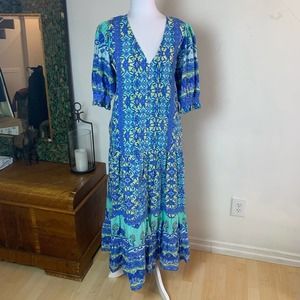 Jaase Blue and Green Resort Maxi Dress with Puff Sleeves